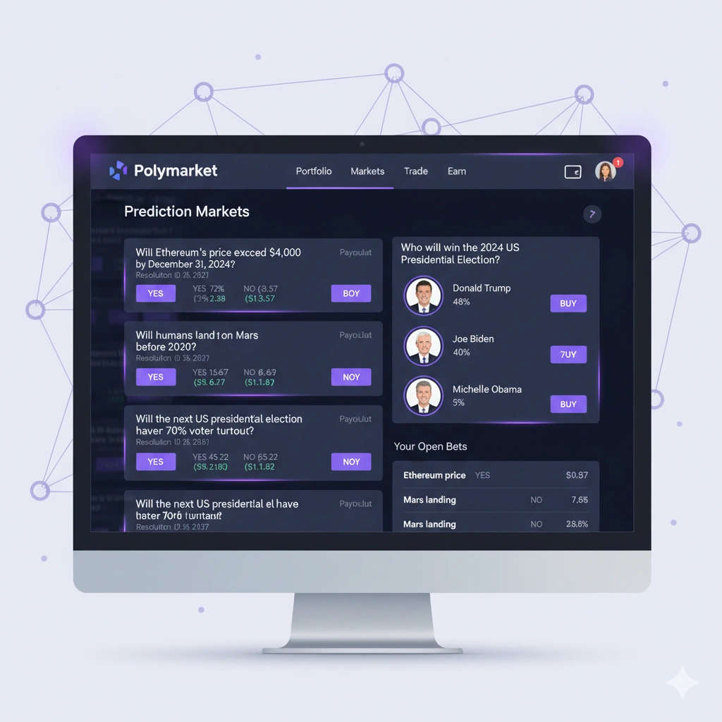 An illustration of the Polymarket user interface showing various prediction markets.